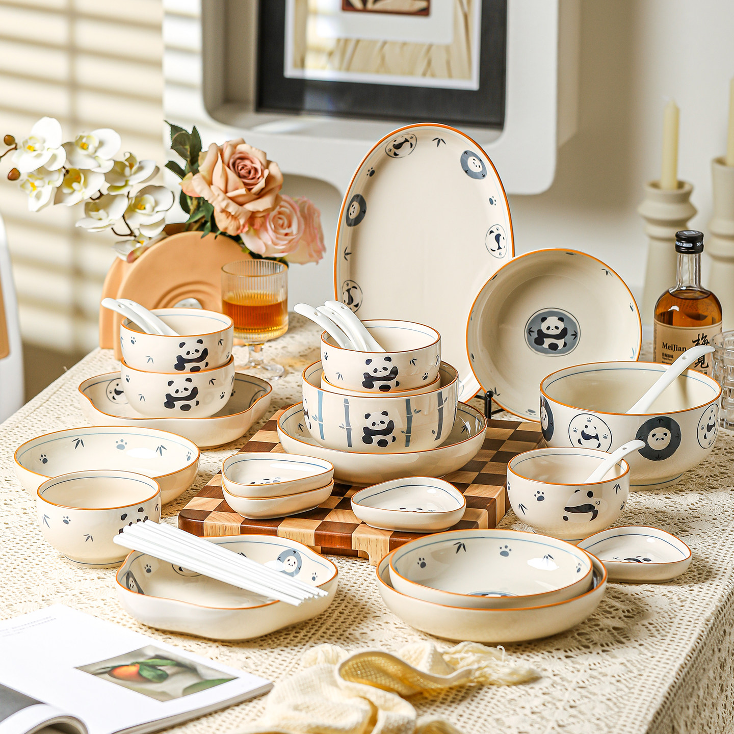 可爱熊猫碗碟套装家用乔迁新居2025新年餐具高颜值釉下彩碗盘碗具
