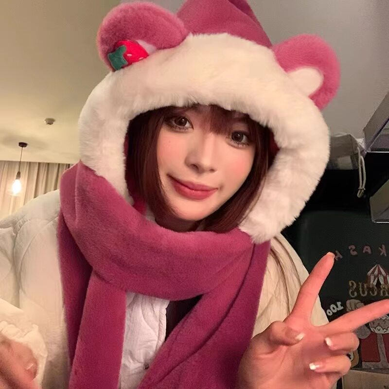 草莓熊帽子围巾手套一体秋冬季