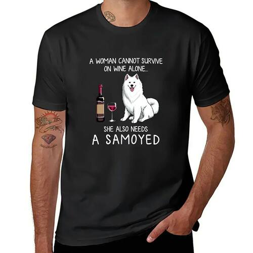 Samoyed and wine Funny dog T-Shirt plain funnys cute clothes