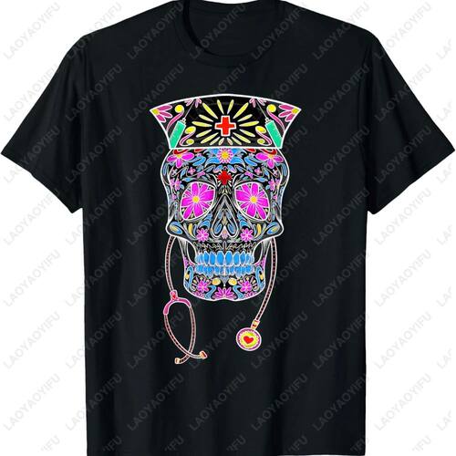 Hallowmas Funny Nurse Sugar Skull Colorful Printed T-shirt T