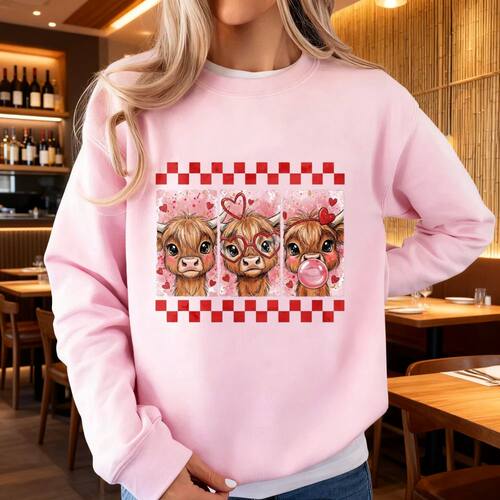 Highland Cow Printed Clothing Cute Valentine Cow Tops Valent