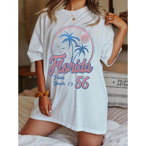 Florida56 Oversized Coconut Tree Print T-Shirt, Casual Drop
