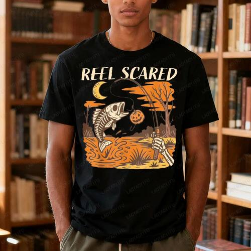 Reel Scared Halloween Scary Night Fishing Printed T-shirt Ho