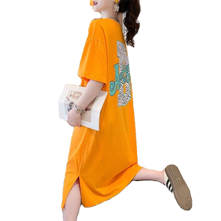 纯棉短袖连衣裙女夏2024新款桔色大码长款过膝ins宽松开叉t恤裙子