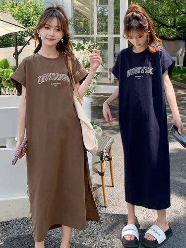 长款过膝连衣裙女T恤短袖睡衣