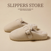 女款 2025新款 秋冬季 勃肯鞋 厚底室内家居毛绒保暖包头半拖鞋 女外穿