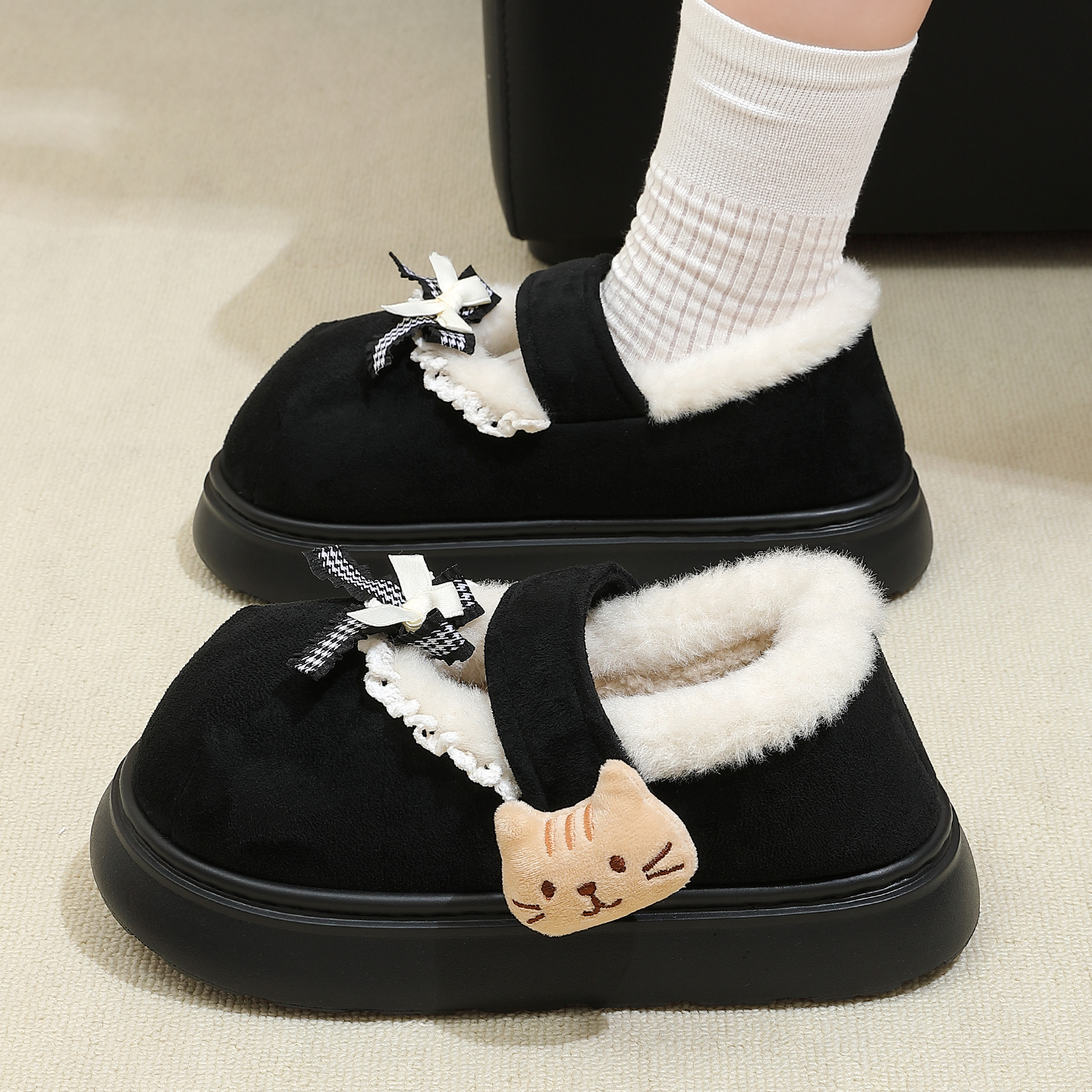 可爱小猫棉拖鞋女款包跟毛绒棉鞋