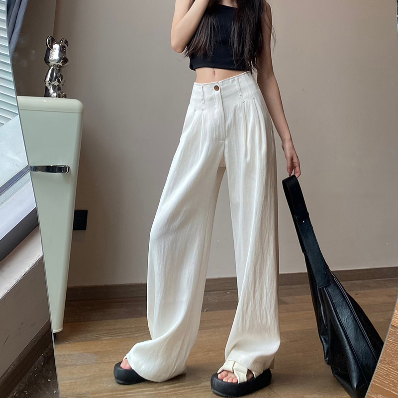 白色天丝亚麻西装阔腿裤女夏季薄款高腰垂感老钱风直筒棉麻休闲裤