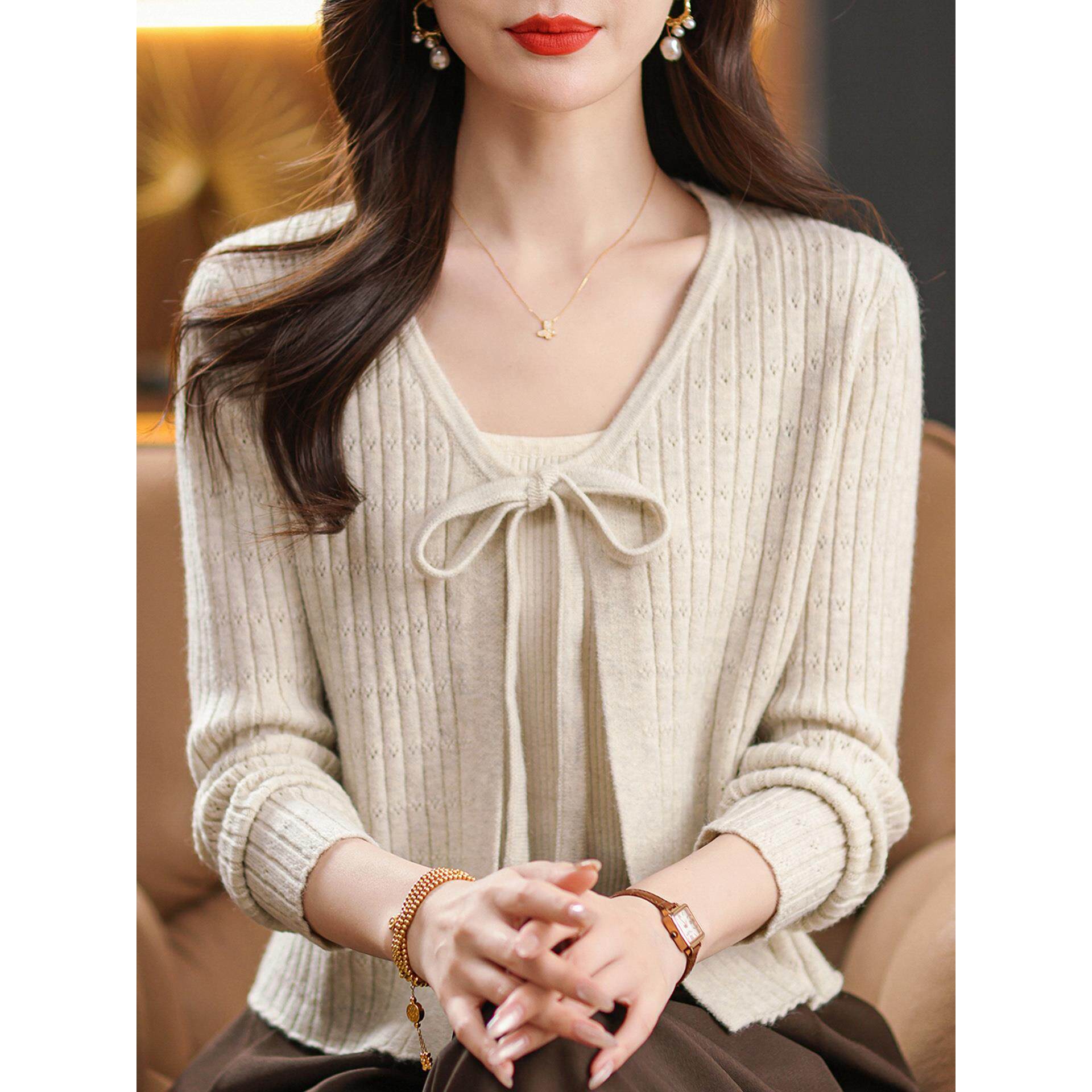 JOYIASS针织开衫女短款春秋季小个子妈妈配旗袍裙子披肩外搭红色