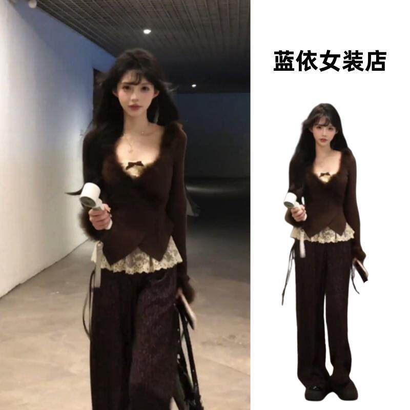 RIERA纯欲辣妹风休闲套装女2025秋季新款蕾丝吊带开衫豹纹阔腿裤