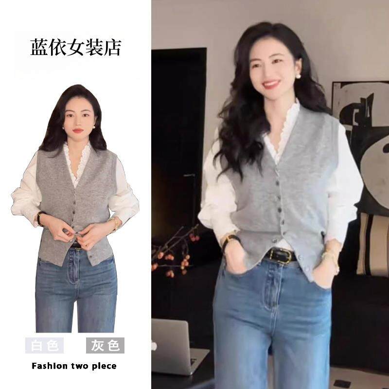 RIERA休闲时尚气质套装女蕾丝刺绣v领衬衫针织马甲两件套秋季新款