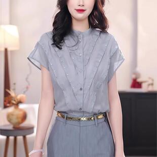新款 RIERA設(shè)計(jì)感灰色立領(lǐng)短袖 女2025夏季 休閑通勤氣質(zhì)薄款 襯衫 襯