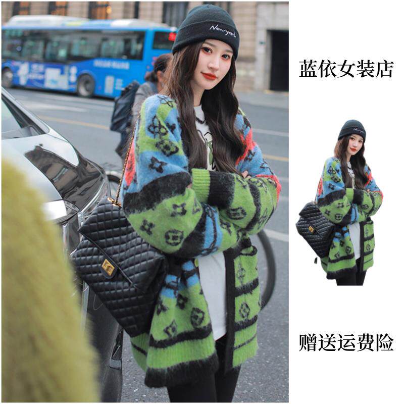 RIERA欧洲站时尚大码绿色毛衣开衫女秋冬新款炸街小众慵懒风针织