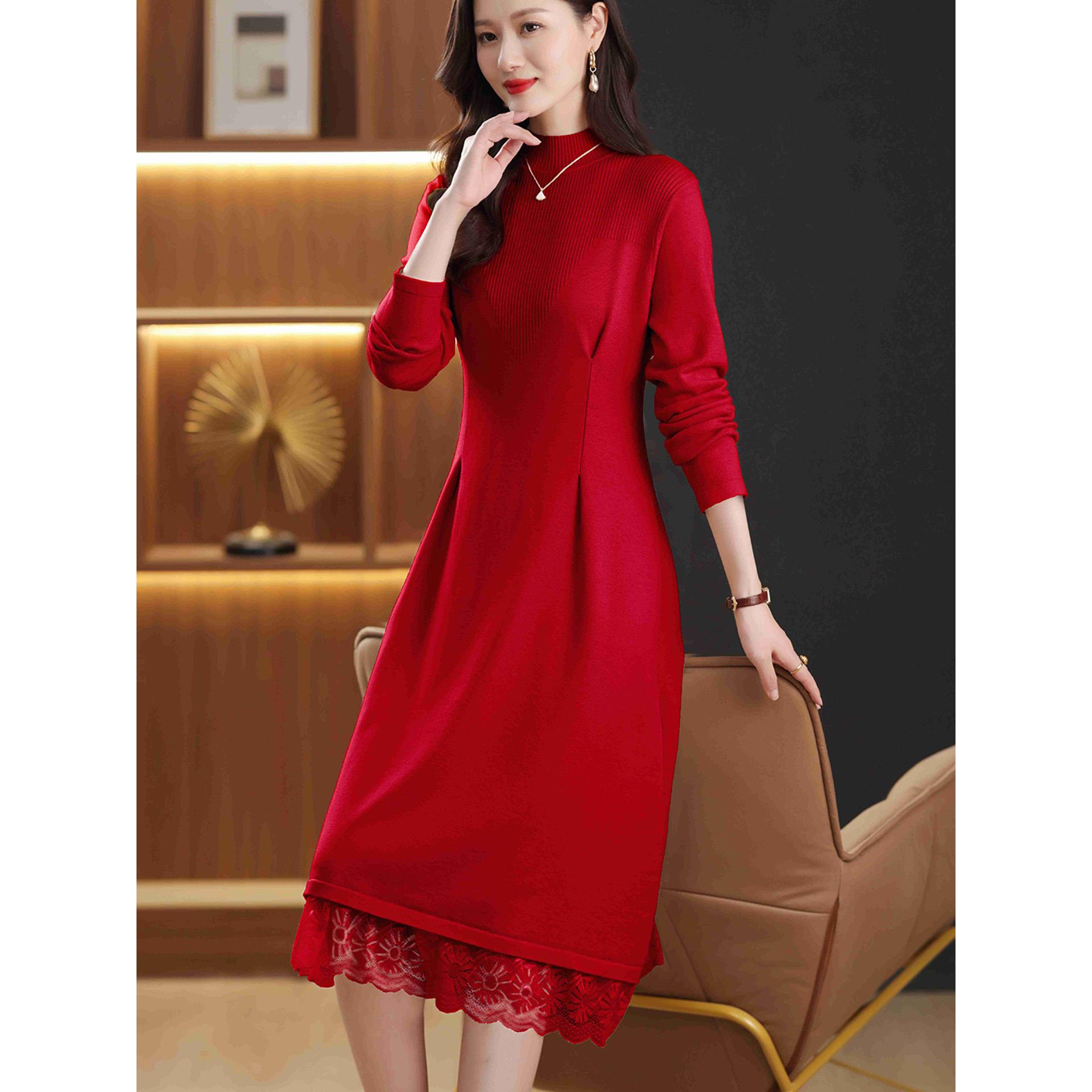JOYIASS2025秋冬半高领设计感针织衫连衣裙拼接蕾丝打底毛衣裙女