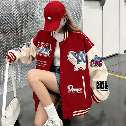 春季红色美式刺绣棒球服女外套
