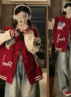 加棉加厚新年红色棒球服外套女2026春秋新款宽松小众刺绣夹克上衣