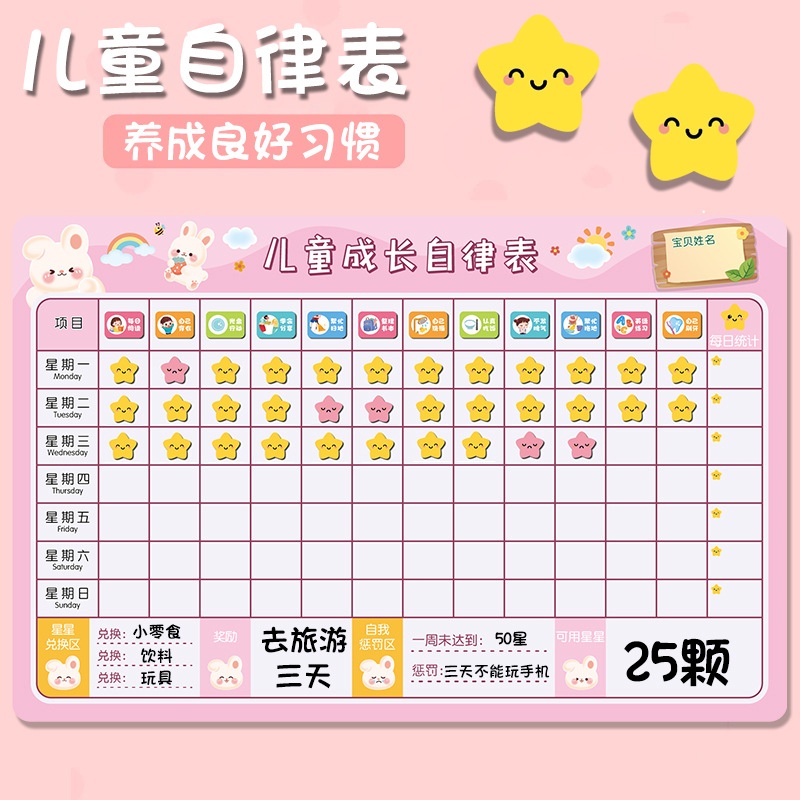 儿童成长自律表好习惯养成自律打卡表学生学习计划墙贴积分奖励卡
