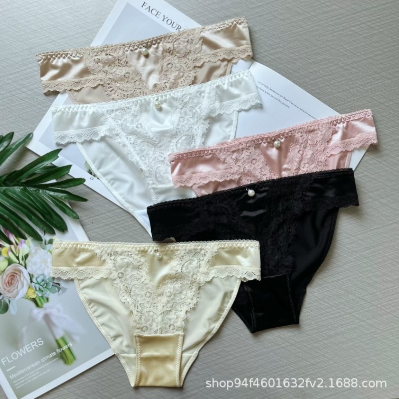 PPW050新款女士三角低腰缎面睫毛蕾丝边内裤高弹透气珍珠