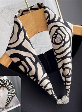 抽象玫瑰钻球磁吸小丝巾女四季黑白撞色缎面免打结衬衫装饰小领巾