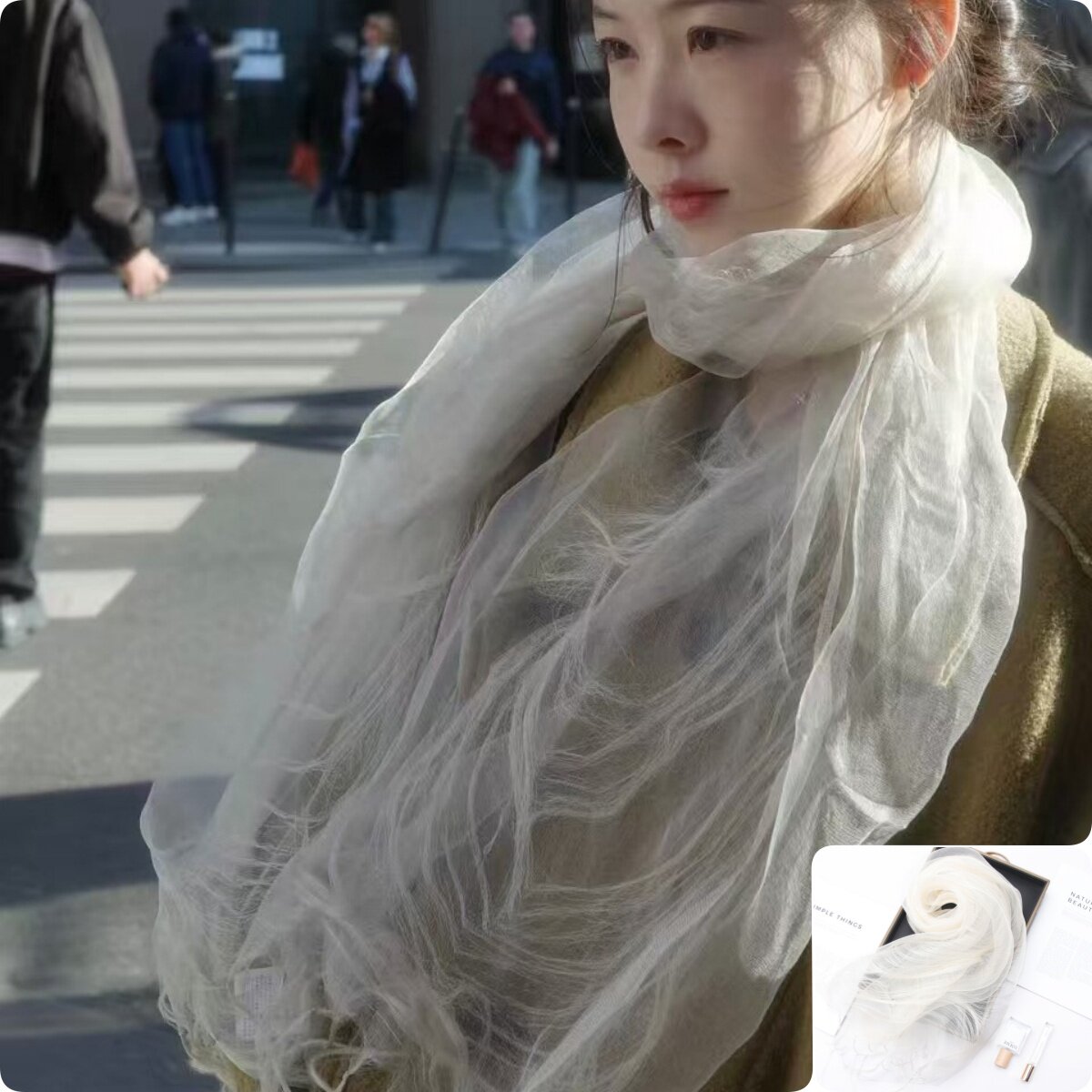 仙气飘飘真丝欧根纱长款丝巾女纯白色流苏围巾春夏防晒桑蚕丝披肩