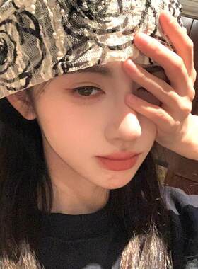 鞠婧祎同款韩国小众设计玫瑰花蕾丝冷帽女古早亚文化y2k包头帽子