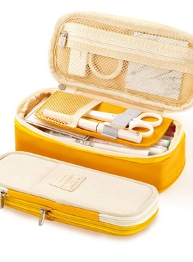 Kawaii Pencil Case Macaron Color Canvas Stretch Double Laye