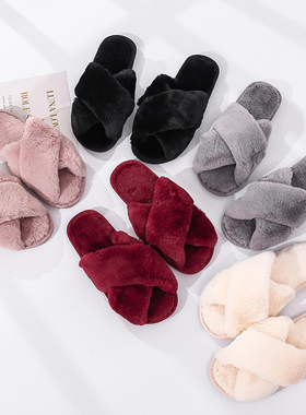 on Flats Female Slides Black Pink cozy home  furry slippers