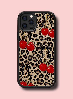 欧美辣妹风豹纹红色大樱桃13防摔15Plus保护套14pro/13/12mini背板珠光细闪金属贴片16