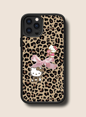 少女心豹纹蝴蝶结kitty防摔15保护套16/13promax/12mini背板珠光细闪金属贴片xs潮14promax