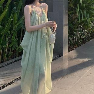 新款 时尚 壹零零叁 长裙海边度假 V领挂脖吊带连衣裙女2025夏季