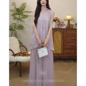 壹零零叁 025粉紫色夏季 新款 温柔风挂脖飘带无袖 v领上衣高腰松