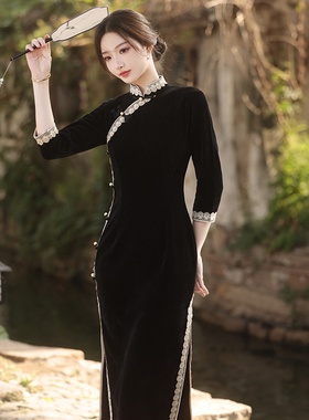 2025新款秋冬装加厚黑色国风中式长款改良旗袍年轻款女复古修