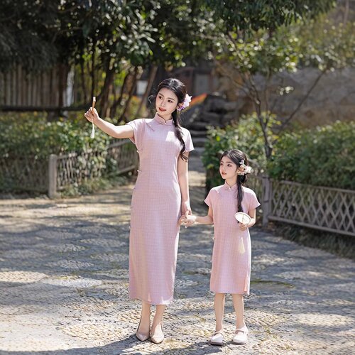 2026新款亲子粉色旗袍连衣裙夏季复古母女春夏短袖旗袍亲子装国风