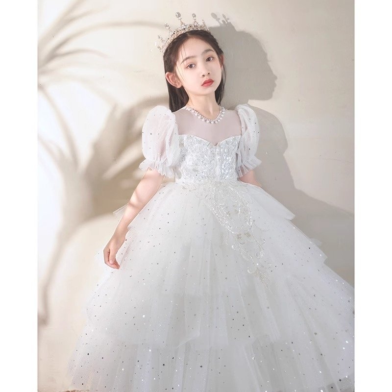 2025新款女童走秀礼服白色泡泡袖蓬蓬纱公主裙钢琴演出