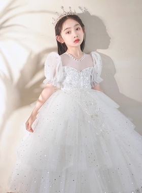 2025新款女童走秀礼服白色泡泡袖蓬蓬纱公主裙钢琴演出