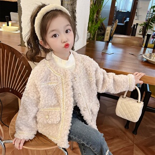 2025新款女童春款外套女宝宝小香风羊羔绒上衣春秋装儿童装毛
