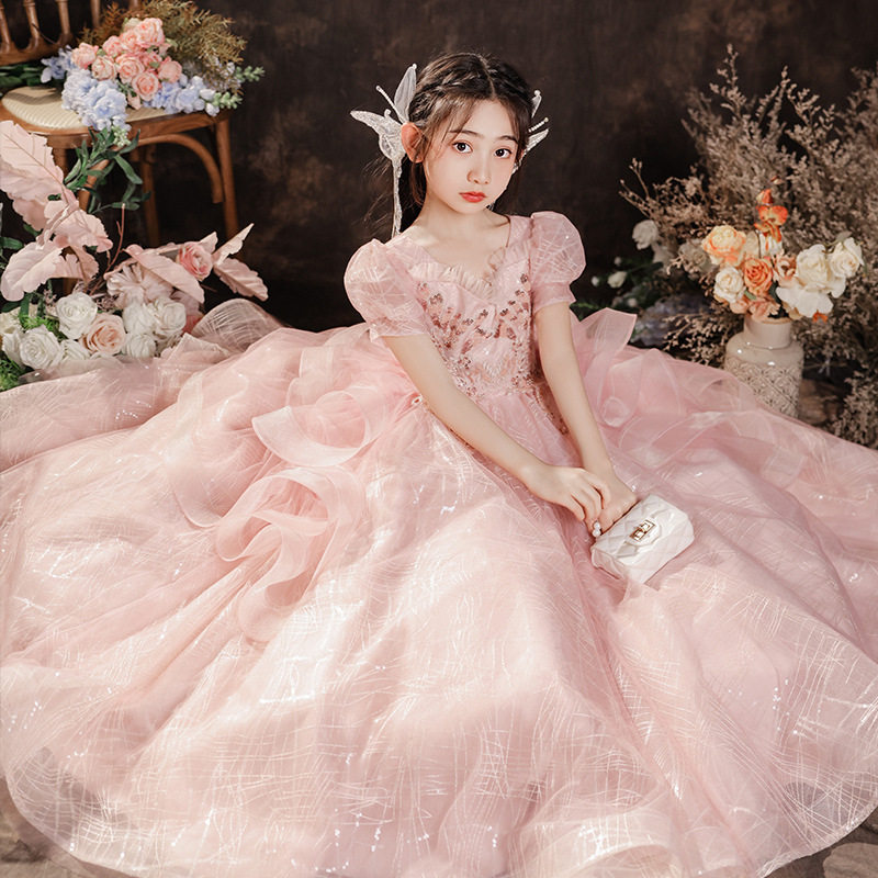 2026新款女童礼服轻奢小众主持人花童婚纱裙蓬蓬裙生日公主裙粉色