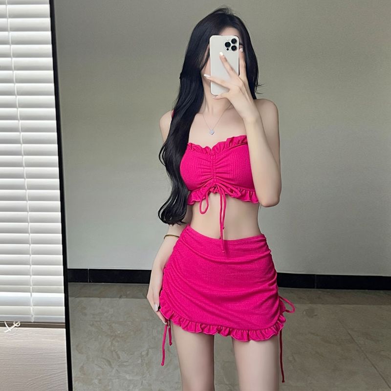 2026新款泳衣女比基尼三件套玫红显白吊带款海边度假泳装泡温泉夏