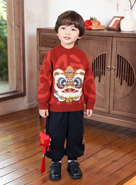 2025新款男童毛衣秋冬儿童针织衫冬季男孩新年红色打底男宝宝