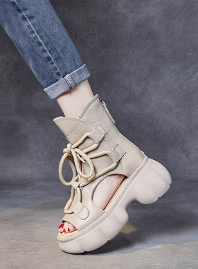 2025新款【特价】松糕厚底鱼嘴罗马鞋高跟复古百搭凉靴子头层