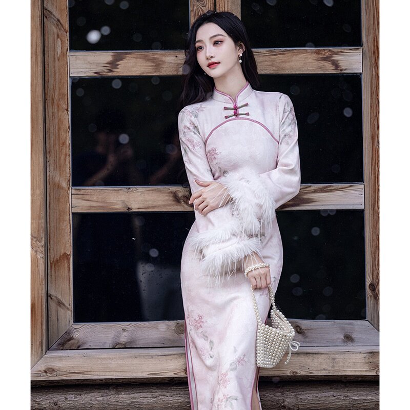 2026新款旗袍冬款秋冬季加绒加厚改良女新中式大袖长款连衣裙