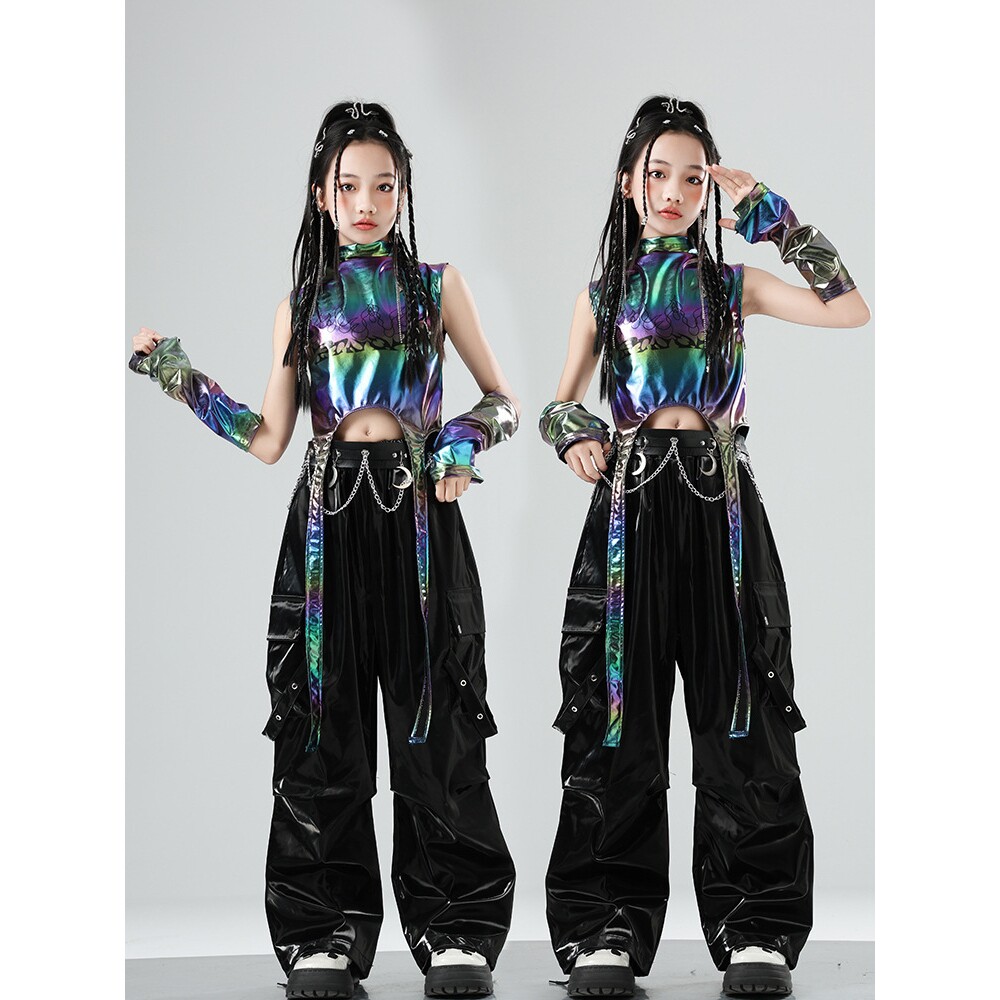 2026新款女童爵士舞服装皮裤少儿街舞潮服亮片jazz女孩绿色科
