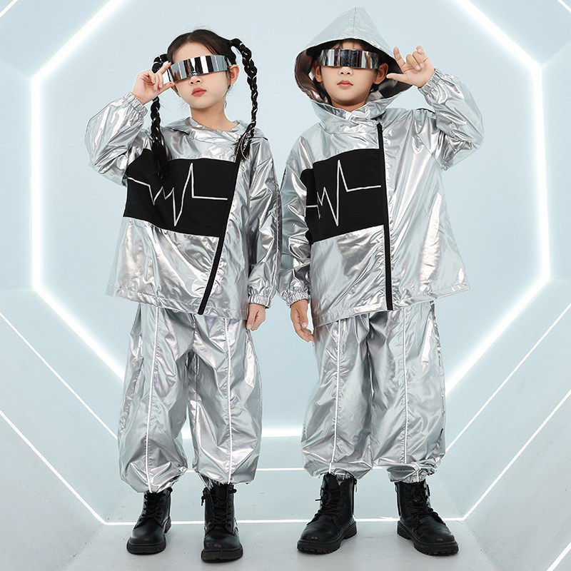 2026新款儿童机器人AI主题未来科技感服装春秋外套套装银色炫酷