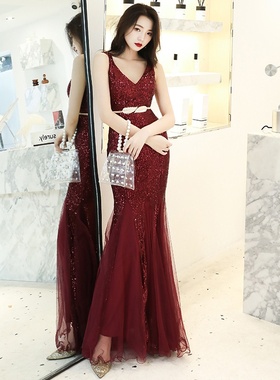 2025新款红色晚礼服女宴会气质性感夜气场女酒红色亮片鱼尾