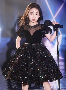 2025新款黑色晚礼服女童走秀公主裙儿童朗诵主持人小提琴钢琴