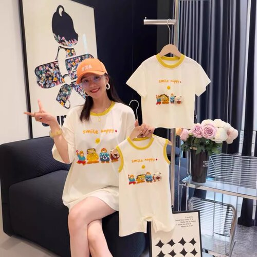 2026新款趣味婴儿亲子装圆领夏季女大童立体公仔母女纯棉洋气短袖