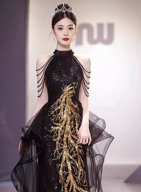 2025新款黑色晚礼服裙感宴会气质名媛生日主持人礼服鱼尾