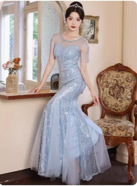 2025新款蓝色亮片晚礼服女鱼尾流苏高端轻奢小众艺考年会主持