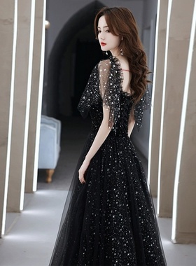 2025新款黑色婚纱晚礼服裙女时尚优雅气质修身毕业成人礼主持