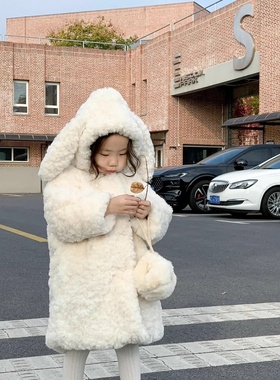 2025新款软绵绵~韩版女童可推卸立体耳朵连帽白色中长款保暖